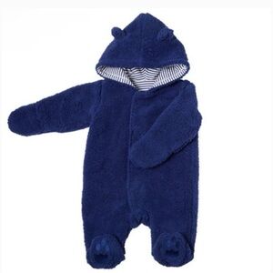 Plush Navy Blue Baby One-Piece Hooded Romper
